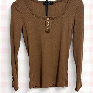 Elegant Brown Button-Detail Long Sleeve Top
